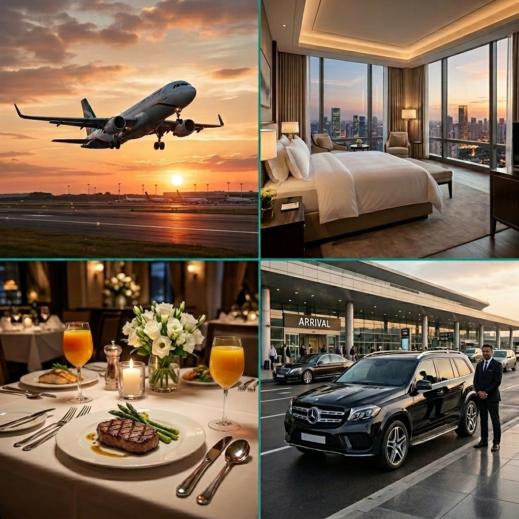 Flights, hotel, meals, and transfers